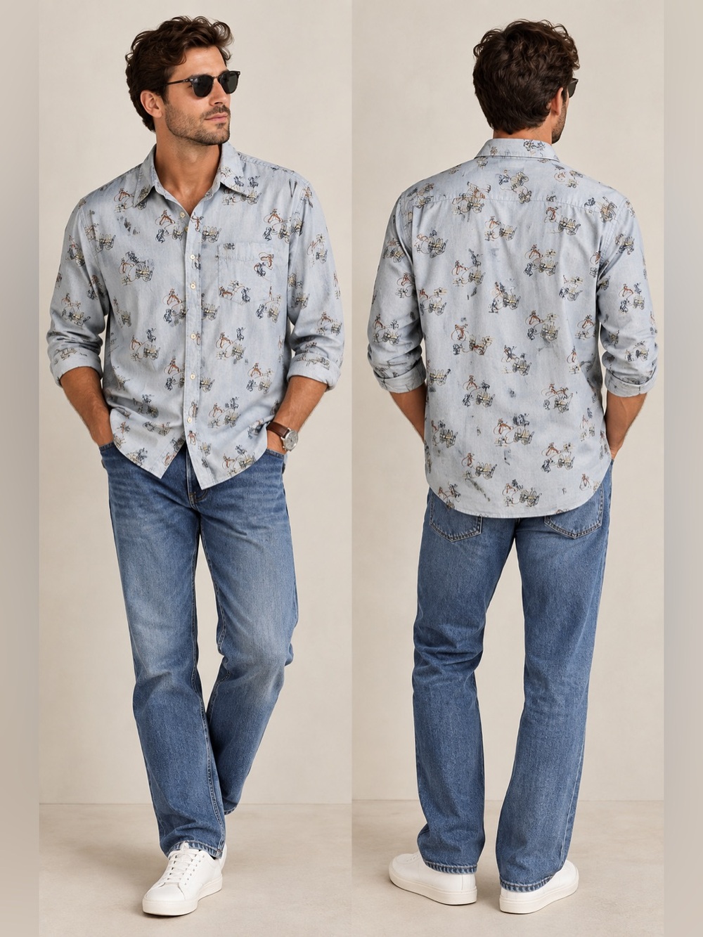 Vintage Roper Five Star Blue Western Button-Up Shirt Cowboy Print Men’s XL